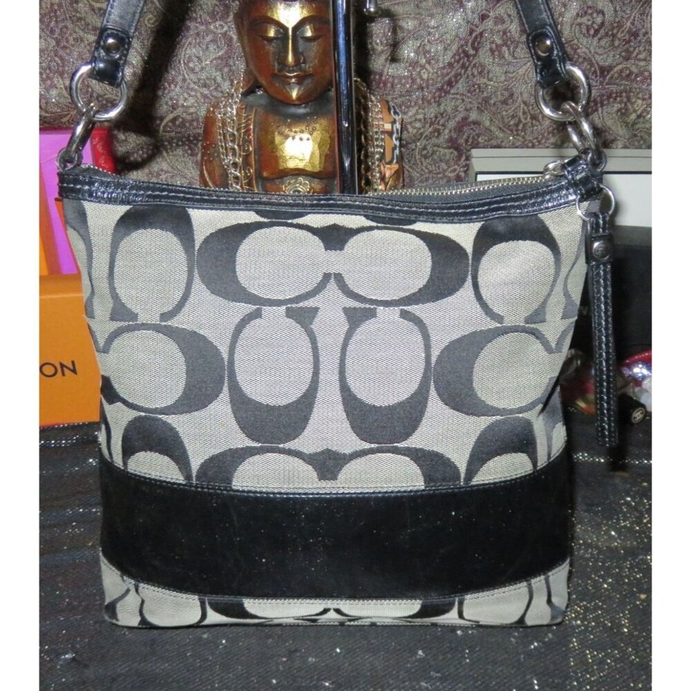 Coach 2008 Cursive Creed Limited Edition Signature Stripe Canvas & Leather Tote